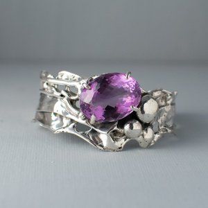 32ct Amethyst & Sterling Silver Cuff Bracelet, Vintage Patina